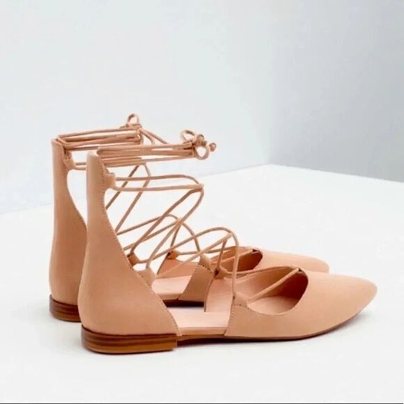 Zara Nude Suede Lace Up Ballet Flats Size 38 Euro Size 5 US - Picture 1 of 11